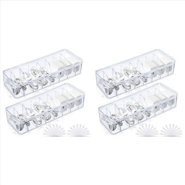 Caja Almacenamiento Cables 4 Piezas con Bridas para Cables, Caja Almacenamiento Cables Transparente Sin Tapa, Organizador para Organizadores Escritorio Oficina en Casa