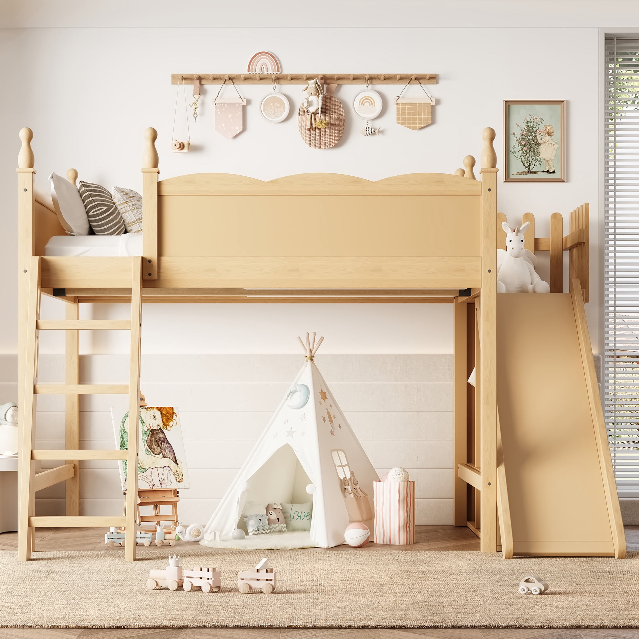 Noble House Full Loft Bed with Storage Shelves, Detachable Slide and Ladder, Natural