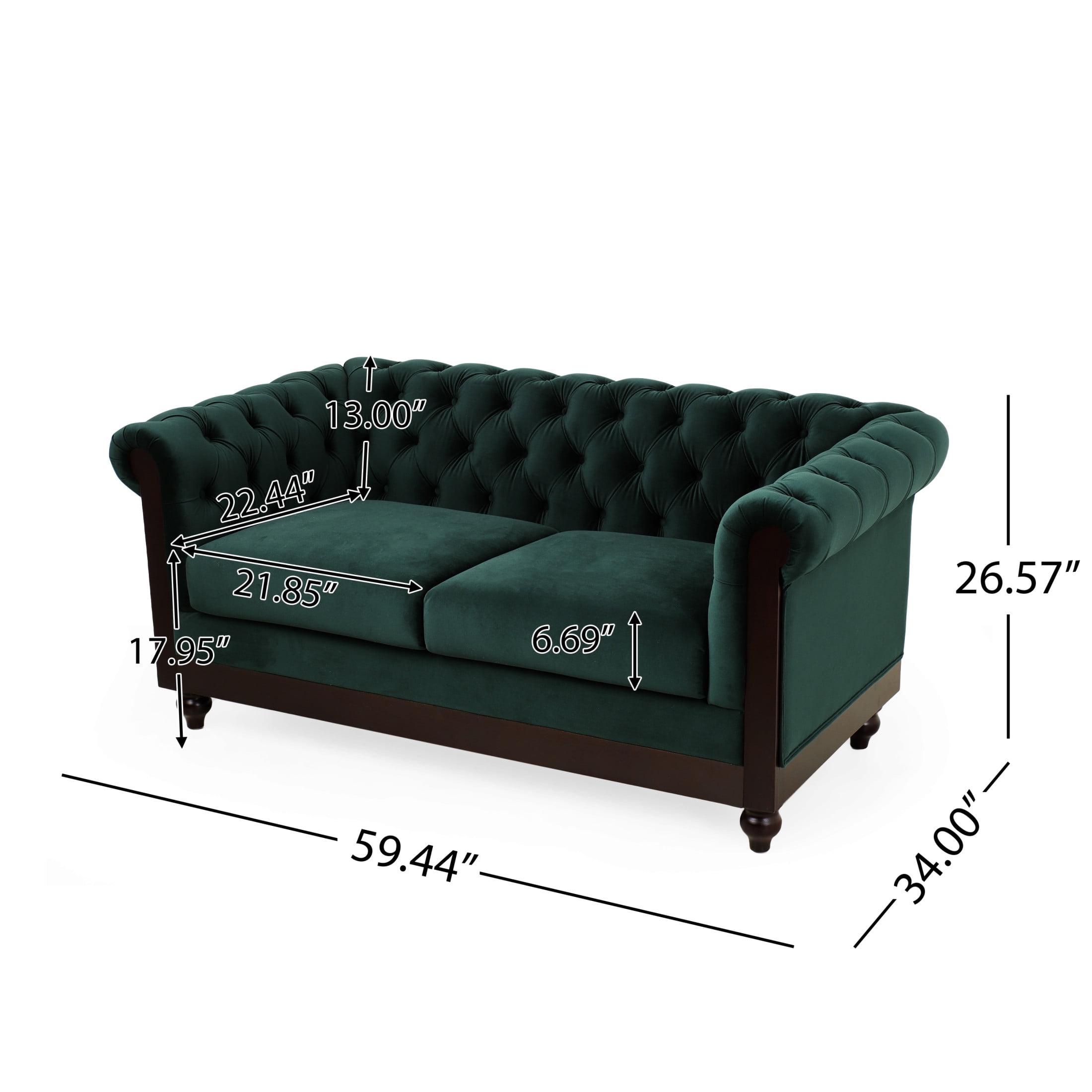 Chesterfield Velvet Tufted Love Seat with Pine Frame, Forest Green