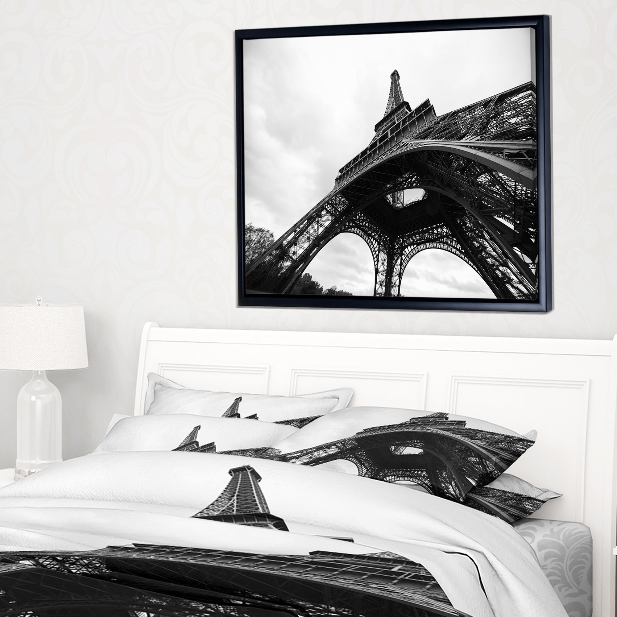 Design Art Paris Paris Eiffel Towerin Black And White Side View Framed Canvas Art Print