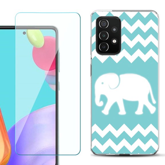 Slim-Fit Flexible Gel TPU Phone Case compatible with Samsung Galaxy A52 5G, with Tempered Glass Screen Protector, by OneToughShield ® - Chevron/Teal/Elephant