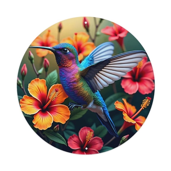Round Metal Tin Sign Rustic Wall Decor Hummingbird Flower Round Metal Sign Plaque for Home Garden Kitchen Bar Cafe Restaurant Garage Retro Vintage Wall Art 8x8 Inch