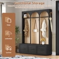 thumbnail image 3 of 74.8"H Arched Design WoodenHall Tree, Elegant Entryway Bench with 8 Retro Hooks, Rustic Coat Rack & Shoe Organizer with 3 Drawers for Mudroom, Living Room, Black, 3 of 9