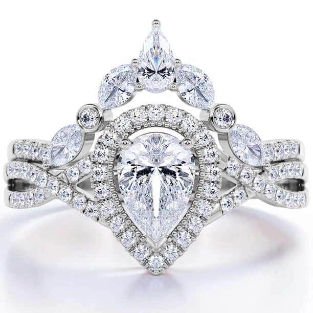 JeenMata Corona con Bisel - Moissanita en Forma de Lágrima de 1,5 Quilates - Pavé Infinito Retorcido - Halo Nupcial - Baño de Oro Blanco de 18 K sobre Plata