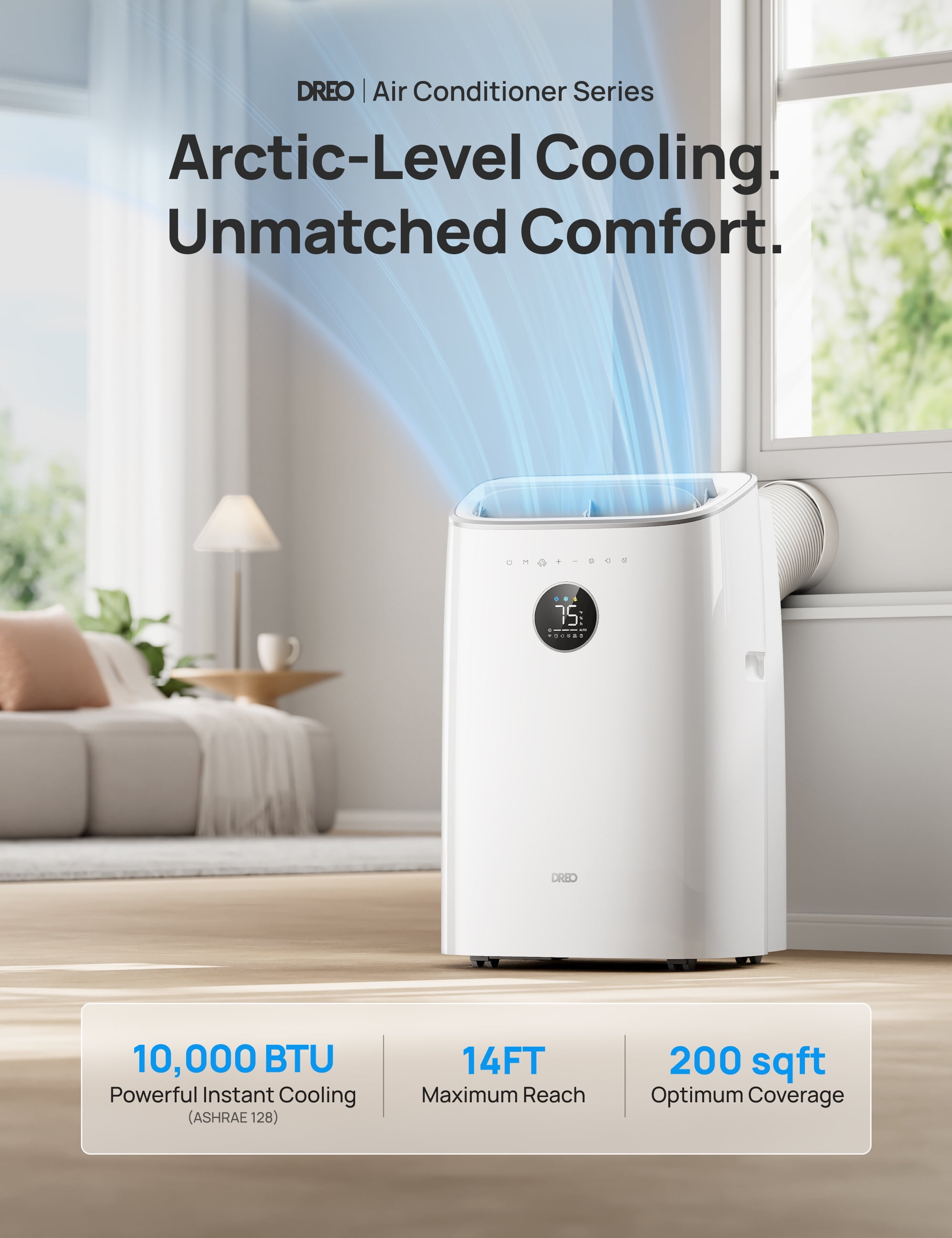 DREO Portable Air Conditioner 319S, 10000 BTU ASHRAE (6000 BTU DOE) Smart AC Unit for Bedroom with Drainage-free Cooling, Fan&Dehumidifier 3 in 1, APP/Voice/Remote, Quiet Standing AC for Room Indoors