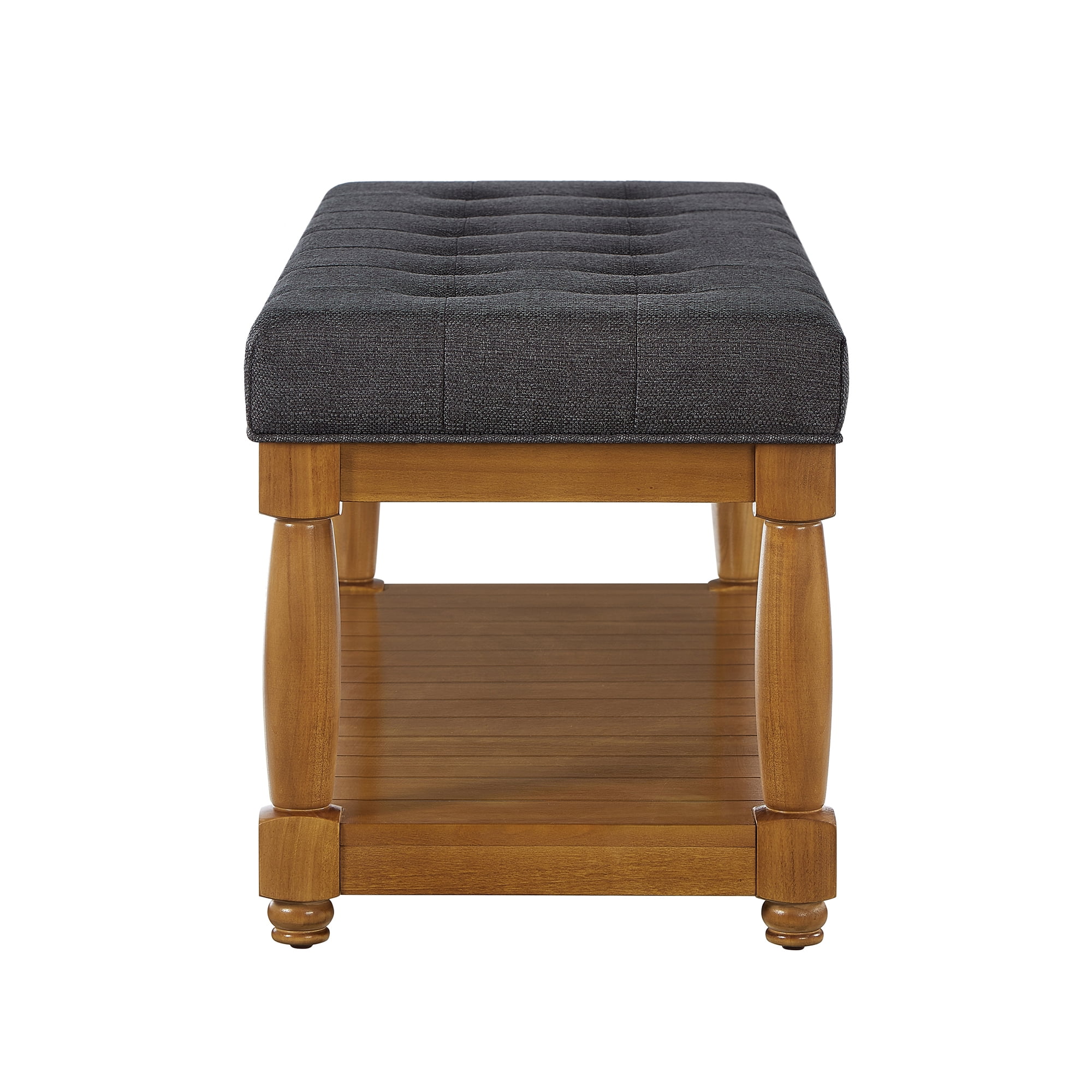 Leumius Upholstered Linen Bench with Storage Shelf, Solid Wood Spindle Legs Accent Furniture Tufted Ottoman Bench for Bedroom Entryway Living Room Charcoal