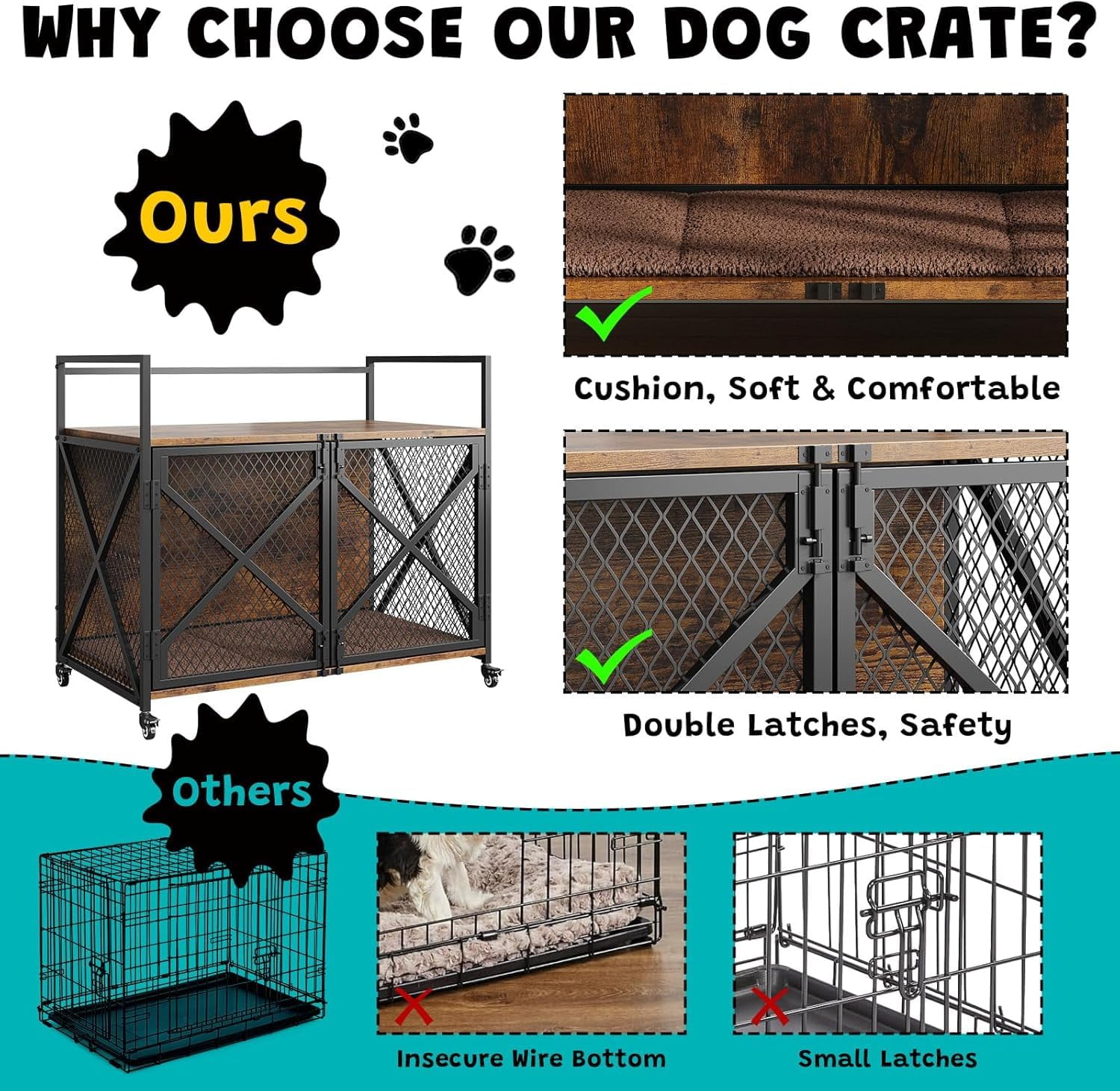 Garvee 41in Dog Crate Furniture, Rustic Brown Heavy Duty Wooden Dog Kennel with Lockable 360° Wheels, Double Door Pet Cage End Table for Small, Medium & Large Dogs
