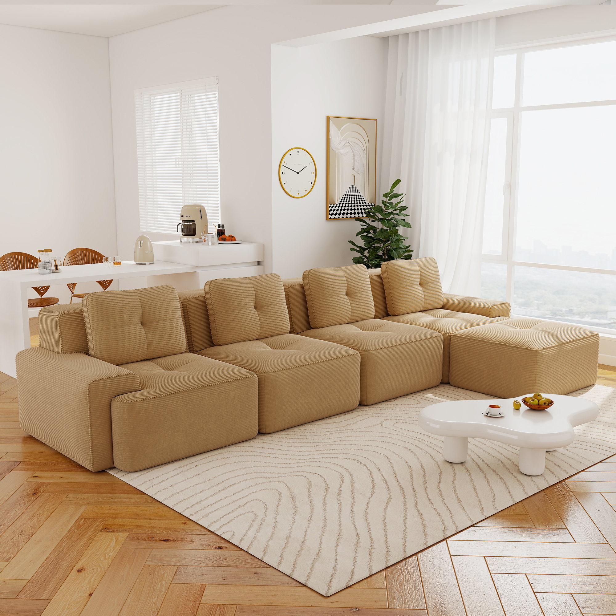 Aukfa 5-Piece Tufted Modular Corduroy Sectional Sofa with Ottoman for Living Room, 128.5" Width 4-Seat Sofa, Camel