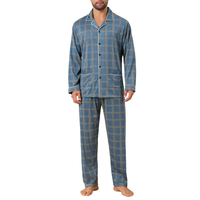 INSPIRAR CHIC Conjunto de Pijamas de 2 Piezas de Manga Larga con Botones y Bolsillo en Patrón para Hombre L Azul Amarillo