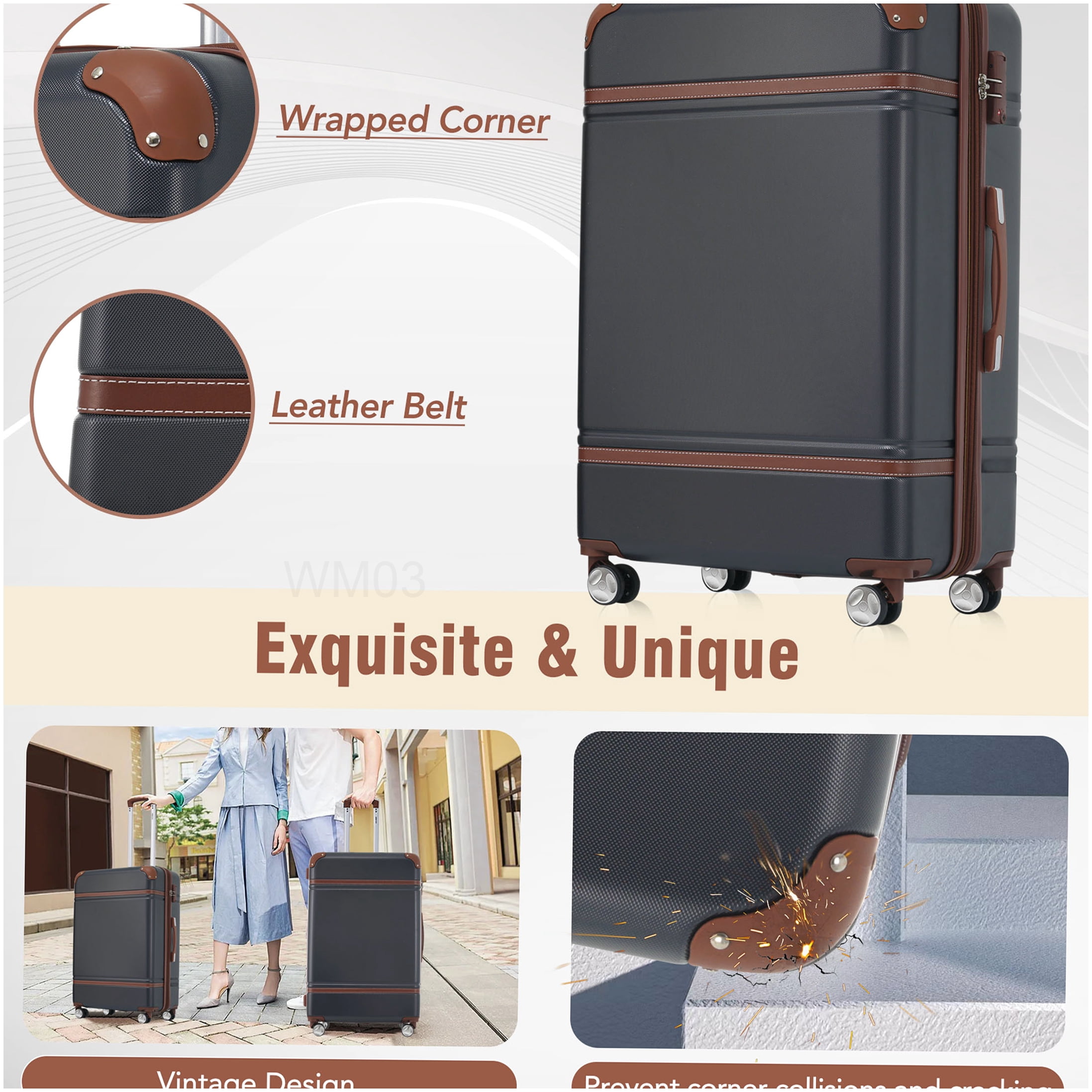 3-Piece Black Hardside Spinner Luggage Set with TSA Lock, 20" Carry-On & 28" Checked Suitcase & Toiletry Bag