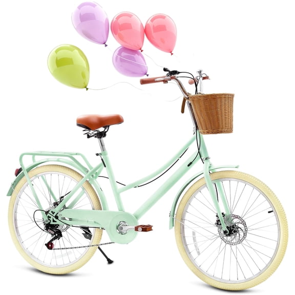 24 Inch Girls Bike, Cuoote Kids Bike for 6-15 Years with Rattan Basket, Lightweight Carbon Steel Frame, Kids Bicycles 7-Speed Cruiser