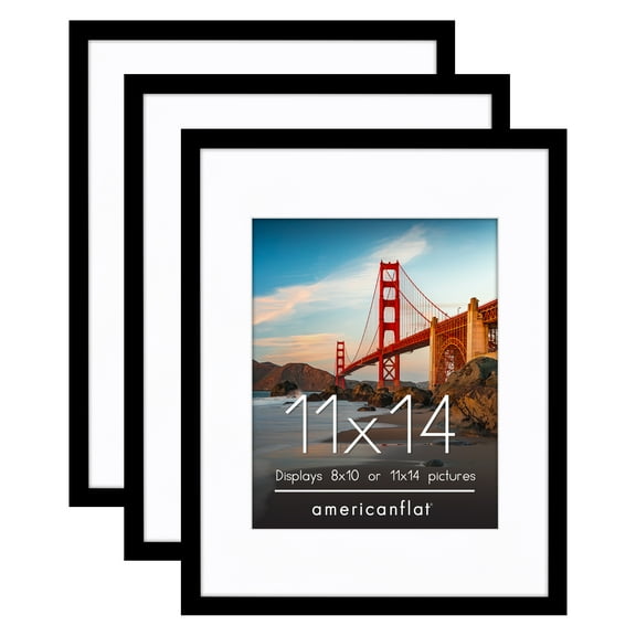 Americanflat 11x14 Black Picture Frames - Shatter-Resistant Glass - 3 Pack - Use as 8x10 with mat or as 11x14 frame without mat