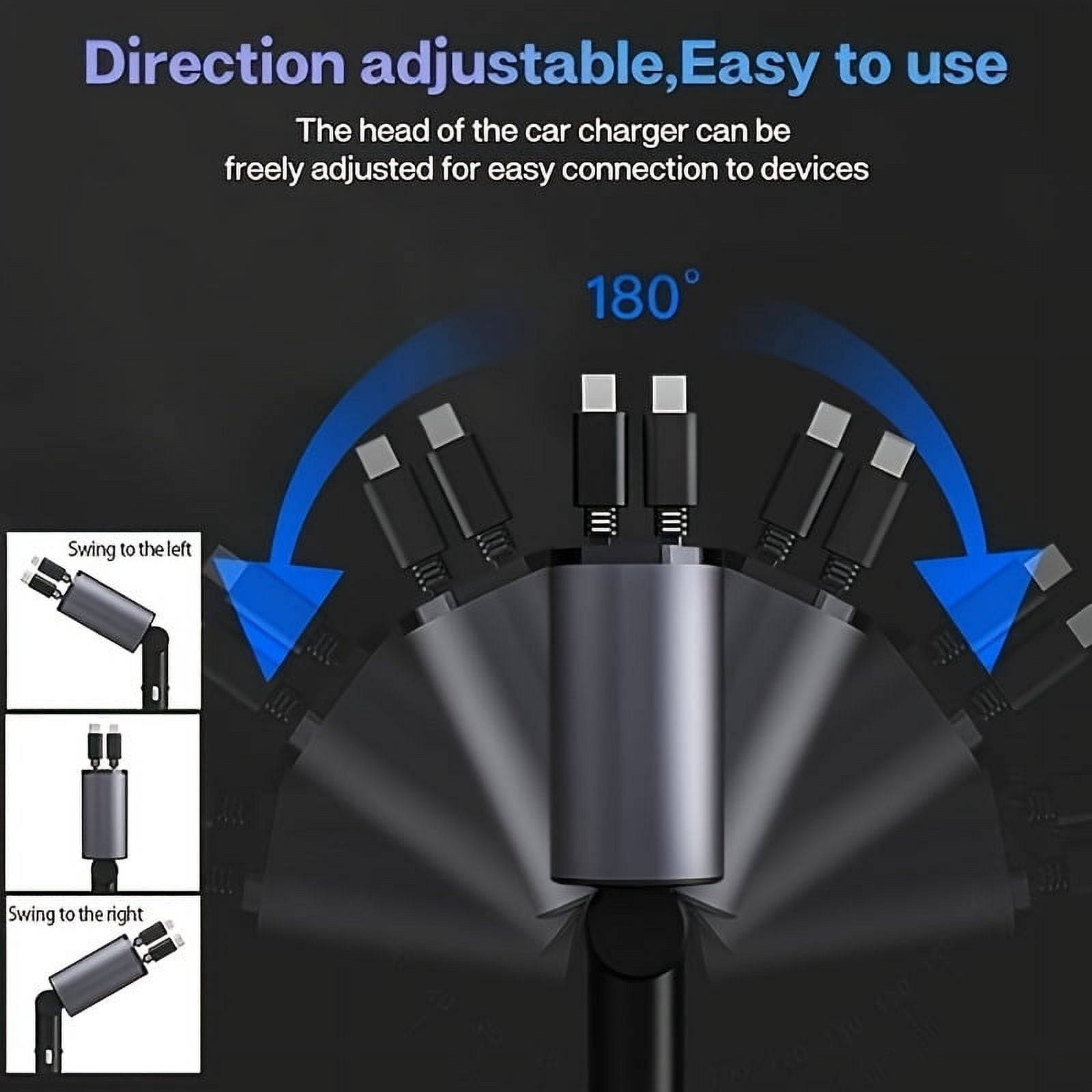 4-in-1 Car Charger with Dual Retractable Cables Dual USB-C PD Fast Charging Ports,Car Plug Adapter with Voltage Display,Matte Plastic Flat-Shaped 50-80W Power Output,Multi-Port USB Car Charger Adapter