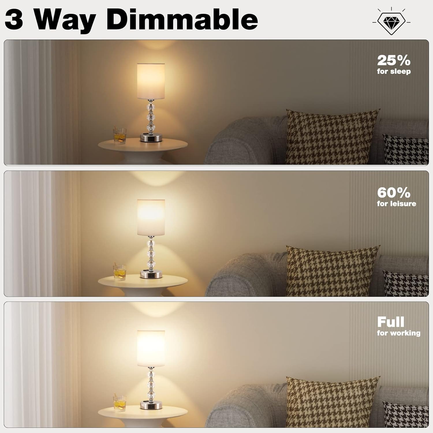 Touch Crystal Table Lamps, 3 Way Dimmable Bedside Lamp with USB C+A Charging Port for Bedroom Living Room, Office (Bulb Included)