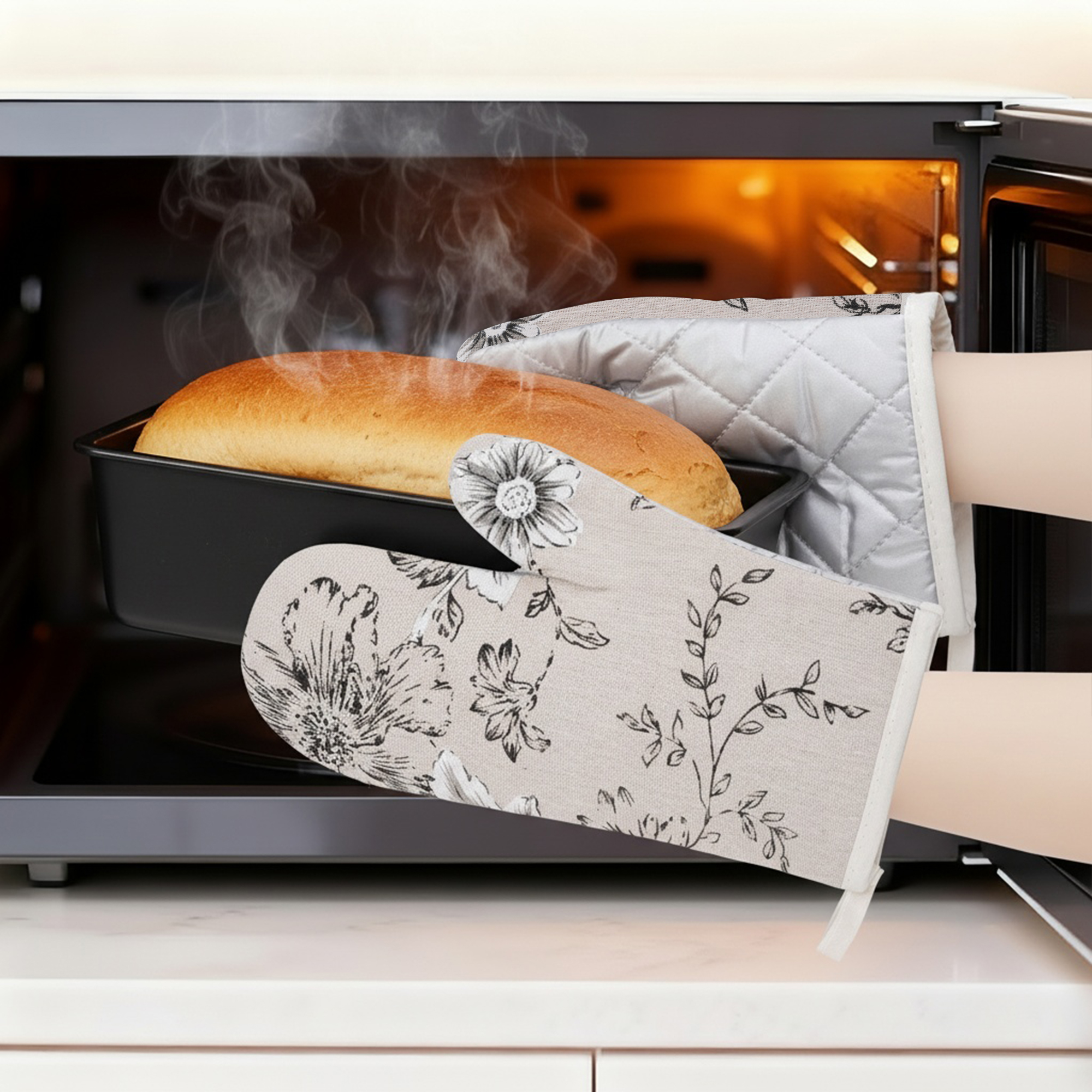 Unique Bargains Oven Mitts Pot Holder Heat Resistant Kitchen Gloves White 10x6.5inch