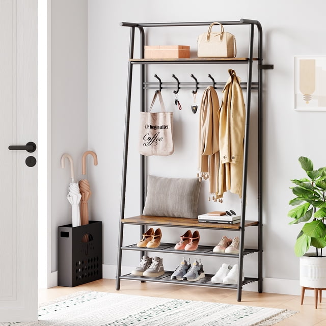 Gaderth Coat Rack Hall Tree With Shoe Storage Bench, 4 In 1 Entryway Organizer With 5/10 Hooks, Hanging Rod And 3 Tier Shoe Rack, Freestanding Metal Hall Tree For Hallway Front Door Mudroom
