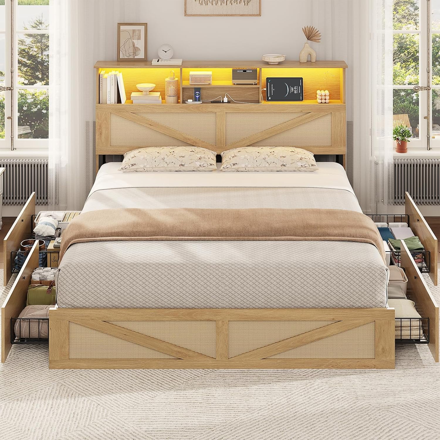 AOGLLATI Queen Size Bed Frame with Storage Drawers & Rattan Headboard - Boho LED Platform Bed with Charging Station, No Box Spring Needed