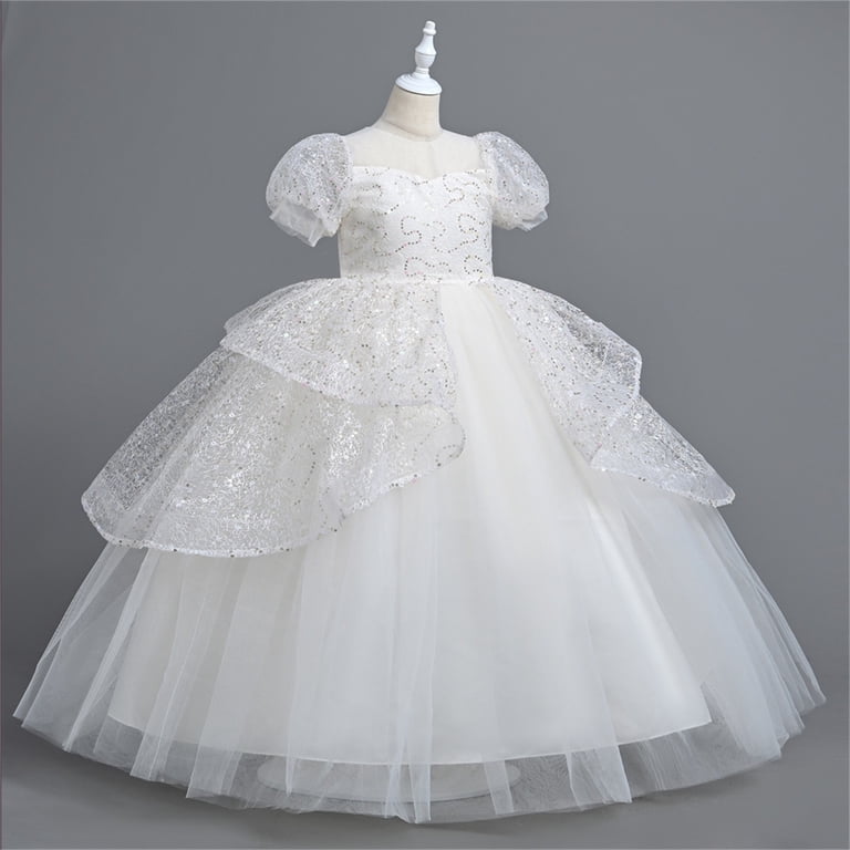 Naisibaby Girls Formal Pageant Dress, Embroidery Mesh Wedding Birthday Dress Ruffled Lace Bubble Sleeve Prom Maxi Dress White 9T, Infant Girl's