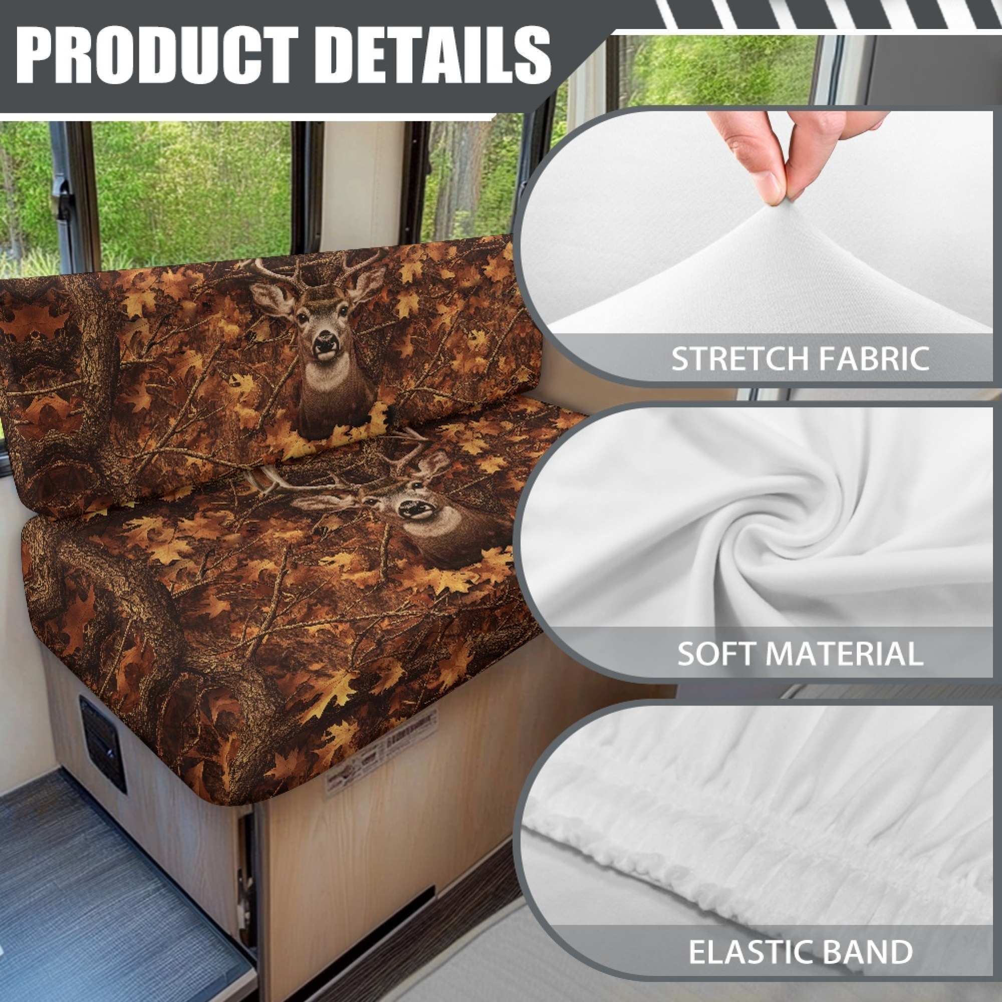 FOR U DESIGNS Deer Camo Print RV Dinette Cushion Covers Washable Sofa Furniture Protector Stretch RV Couch Cover Include 1 Backrest Covers and 1 Bench Covers