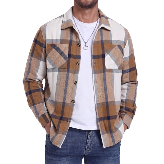 GIRUNS Mens Flannel Shirts Long Sleeve Plaid Shirt Casual Button Down Jacket with Pockets Caramel Brown Blue L