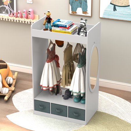 Hassch Kids Costume Organizer Armoire Wood Clothes Wardrobe for Bedroom with Mirror & 3 Storage Drawers  White