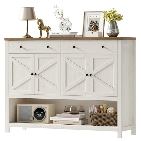 Homfa 55.1" W Farmhouse Console Table with 2 Drawers, Entryway Sofa Table with Storage Shelf, Antiqued White