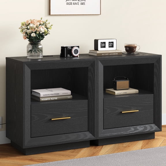 Heynemo Smart Nightstand Duo: Charging Bedside Tables with Big Storage Drawer, Dual USB-C Hub, Multi-Functional Cabinet for Bedroom, Set of 2, Black