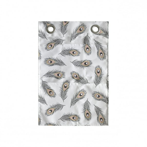 Feather Hanging Pocket Organizer, Peacock Feathers Scattered Randomly on a Plain Backdrop, Printed Polyester Storage Bag with Pockets, 14" x 20", Sand Brown Grey