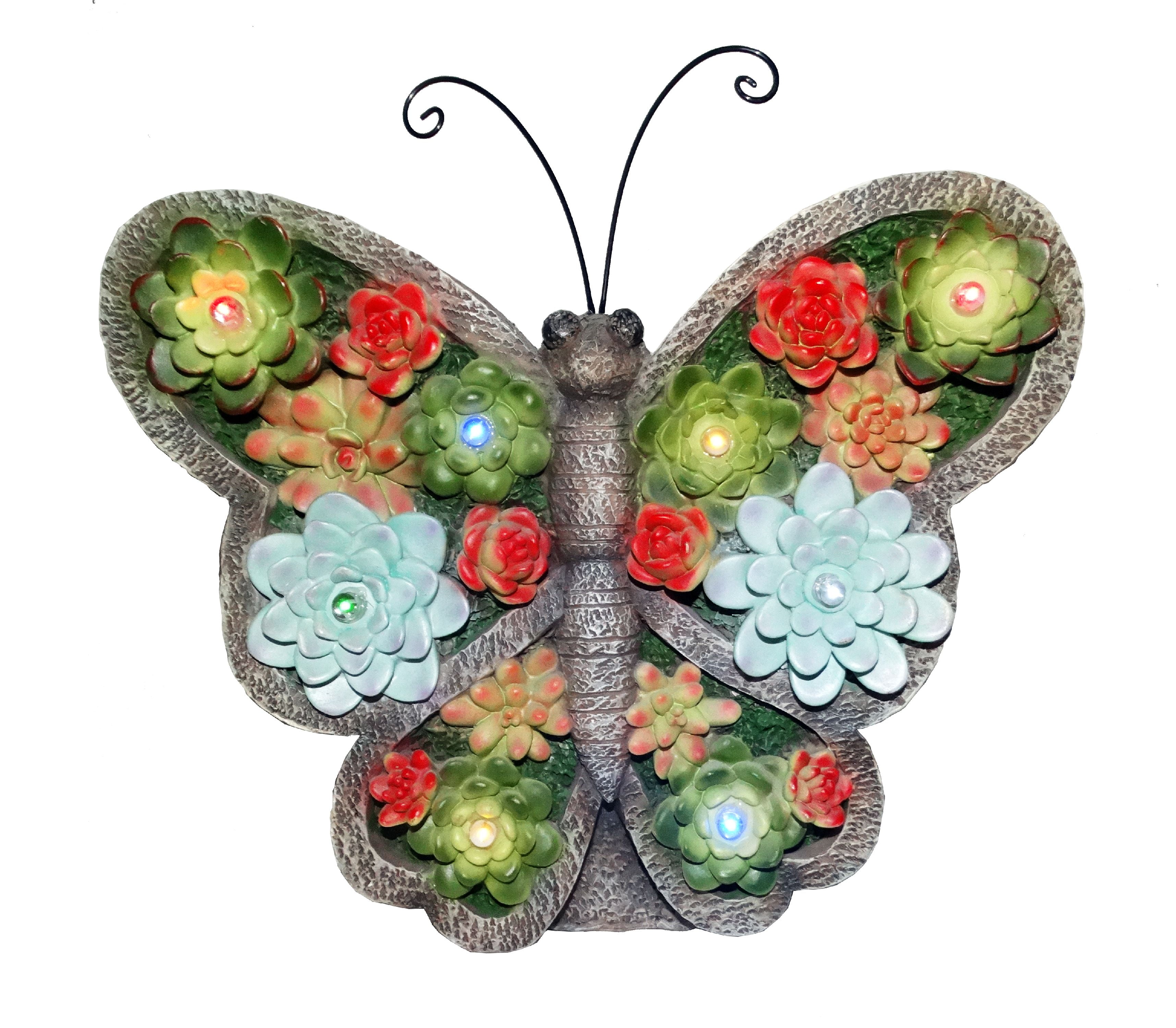 Alpine Solar Polyresin Butterfly Statue w/ Floral Design & LED Lights, 11 Inch Tall