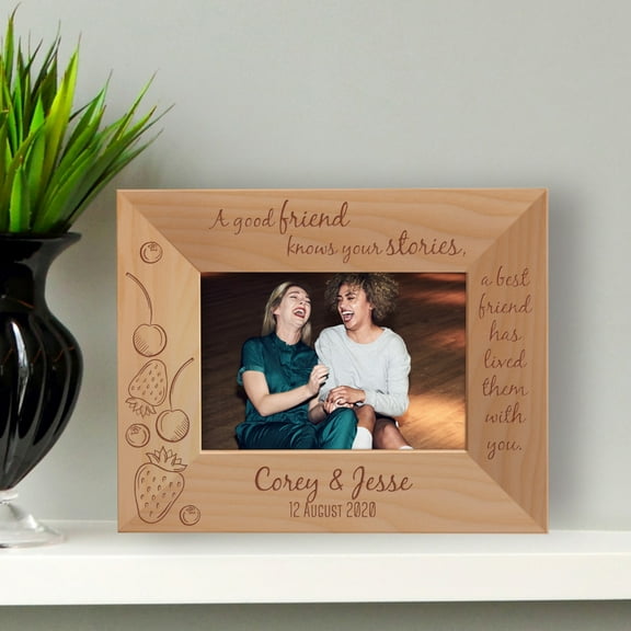 A Good Friend Knows Your Stories, A Best Friend Has Lived Them With You Personalized Wooden Picture Frame-5" x 3 1/2" Brown Horizontal