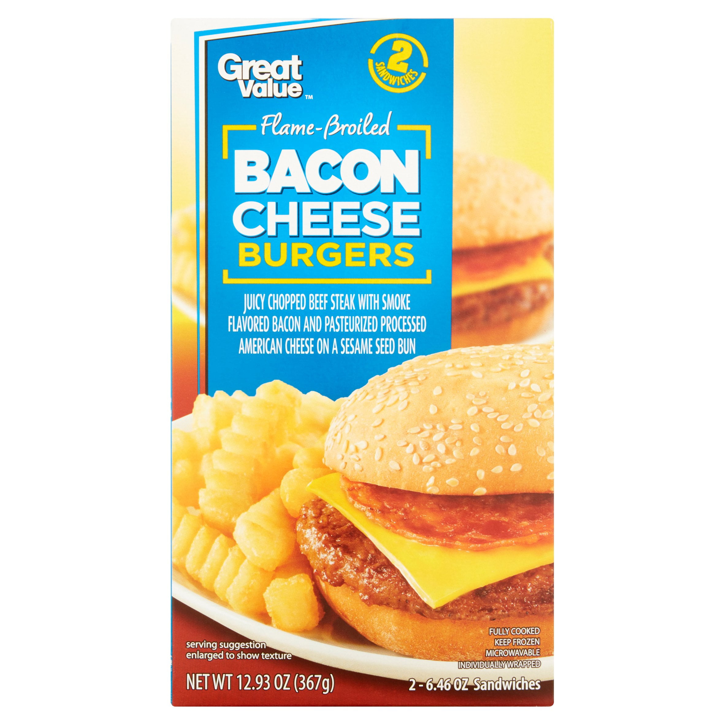 Great Value Flame-Broiled Bacon Cheese Burgers, 6.46 oz, 2 count by Wal-Mart Stores, Inc.