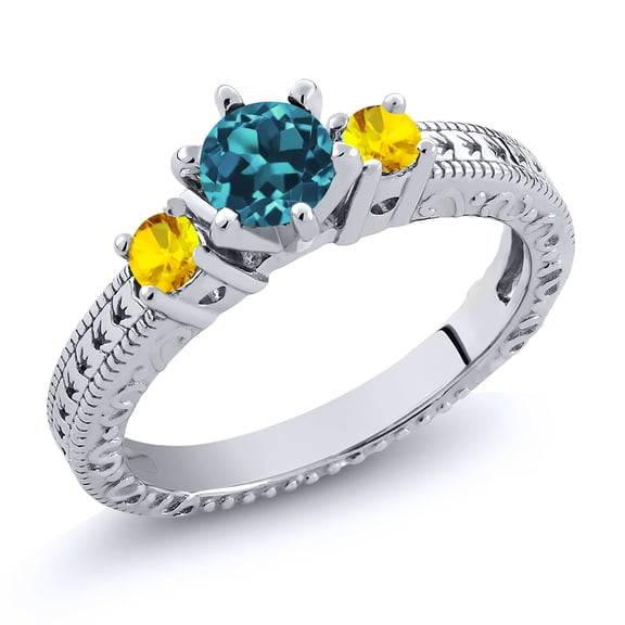 Gem Stone King 0.97 Ct Round London Blue Topaz Yellow Sapphire 925 Sterling Silver Ring (Size 6)