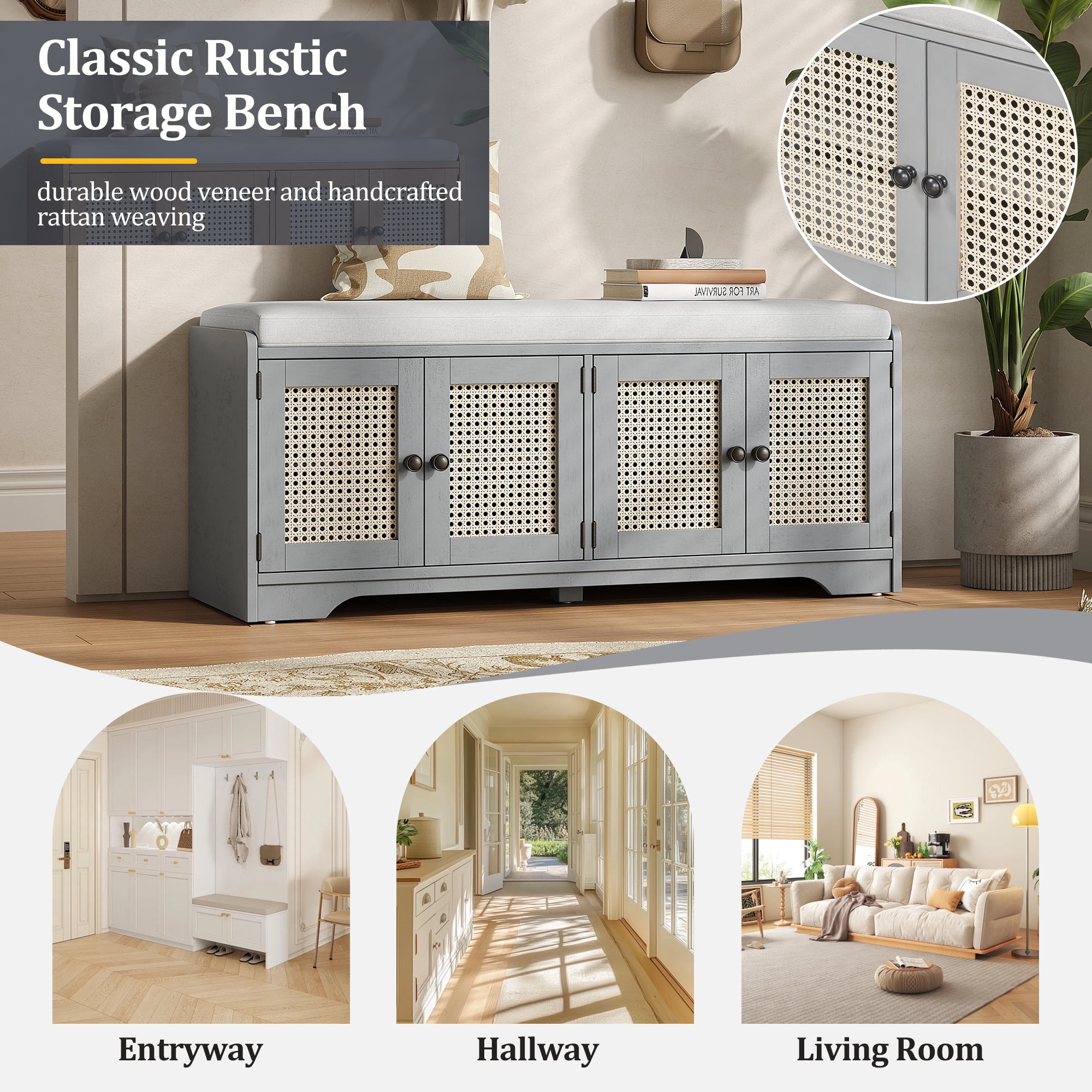 Euroco Multifunctional Storage Bench, Wood with Woven Rattan Doors, Gray