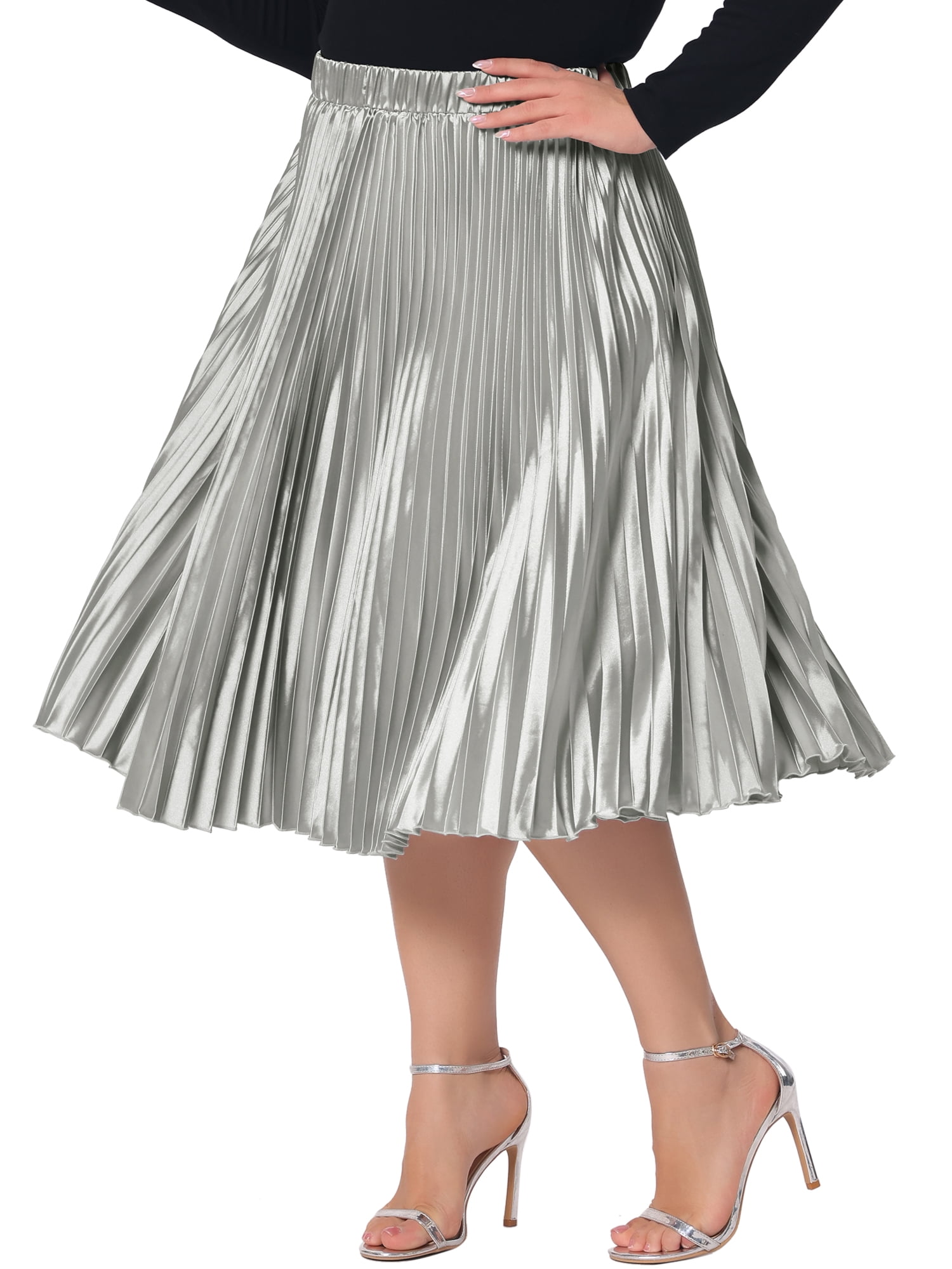 DARING DIVA Women's Plus Size Elastic High Waist Metallic Pleated Skirt 2X Silver