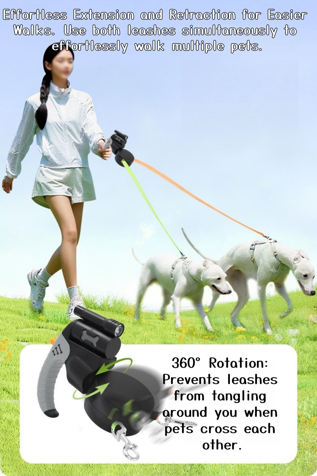 Retractable Double Dog Leash, Tangle-Free, LED Light, Poop Bag Holder, One-Handed Brake, Reflective