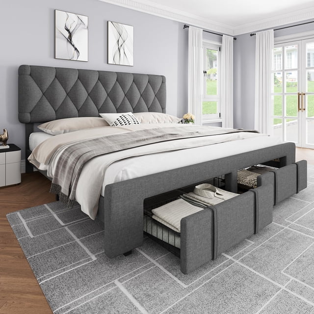 Gaderth Full Size Bed Frame,Upholstered Platform Bed Frame Full With Storage Drawers,Mattress Foundation With Wooden Slats Support,No Box Spring Needed