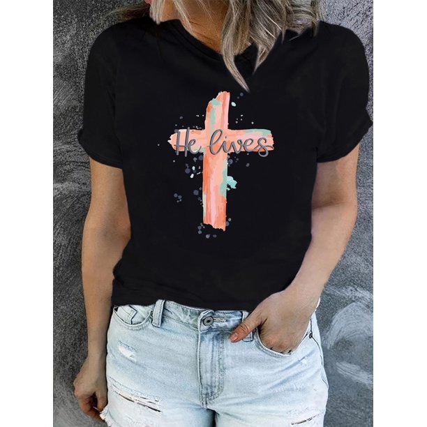 Easter Print T-shirt, Short Sleeve Crew Neck Casual Top For Summer & Spring, Women's Clothing Tee For Adult, Men, Women, Teen, Teenager, Adolescent, Youth
