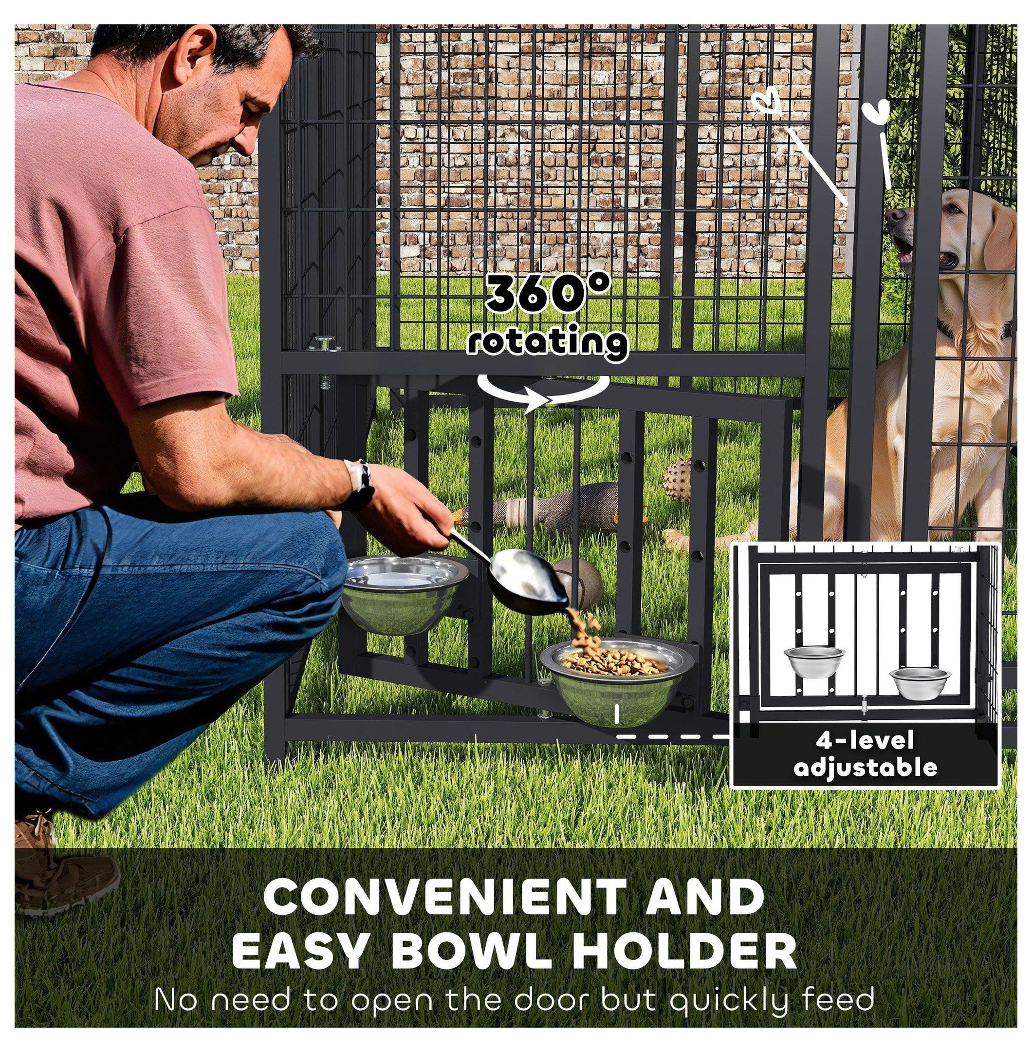 Welded Wire Dog Kennel, Outdoor Dog Run with Cover, 7.9'x4'x6', 360° Rotating Bowls, Adjustable Height, Lockable Gate, Heavy Duty Steel for Large Dogs up to 66lbs