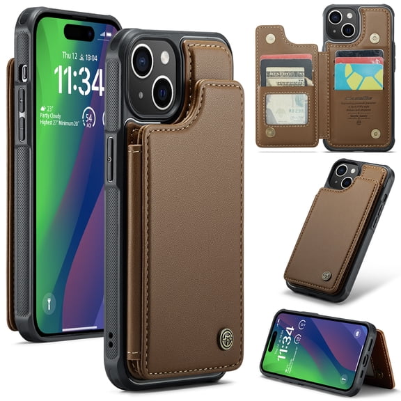 Mantto Case for iPhone 15 Plus with Card Holder, Retro PU Leather RFID Blocking Credit Card Slots Double Magnetic Clasp Flip Kickstand Shockproof Phone Cover for iPhone 15 Plus,Brown