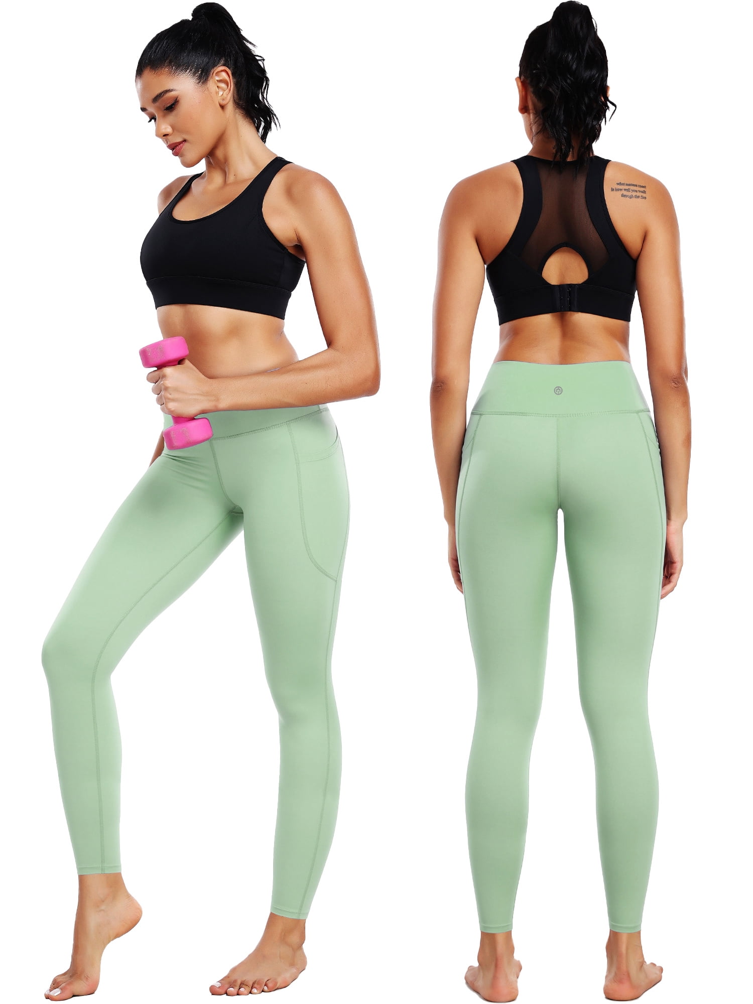 NELEUS Womens Compression Yoga Leggings for Workout High Waist Tummy Control with 2 Pockets,Black+Gray+Light Green,US Size S
