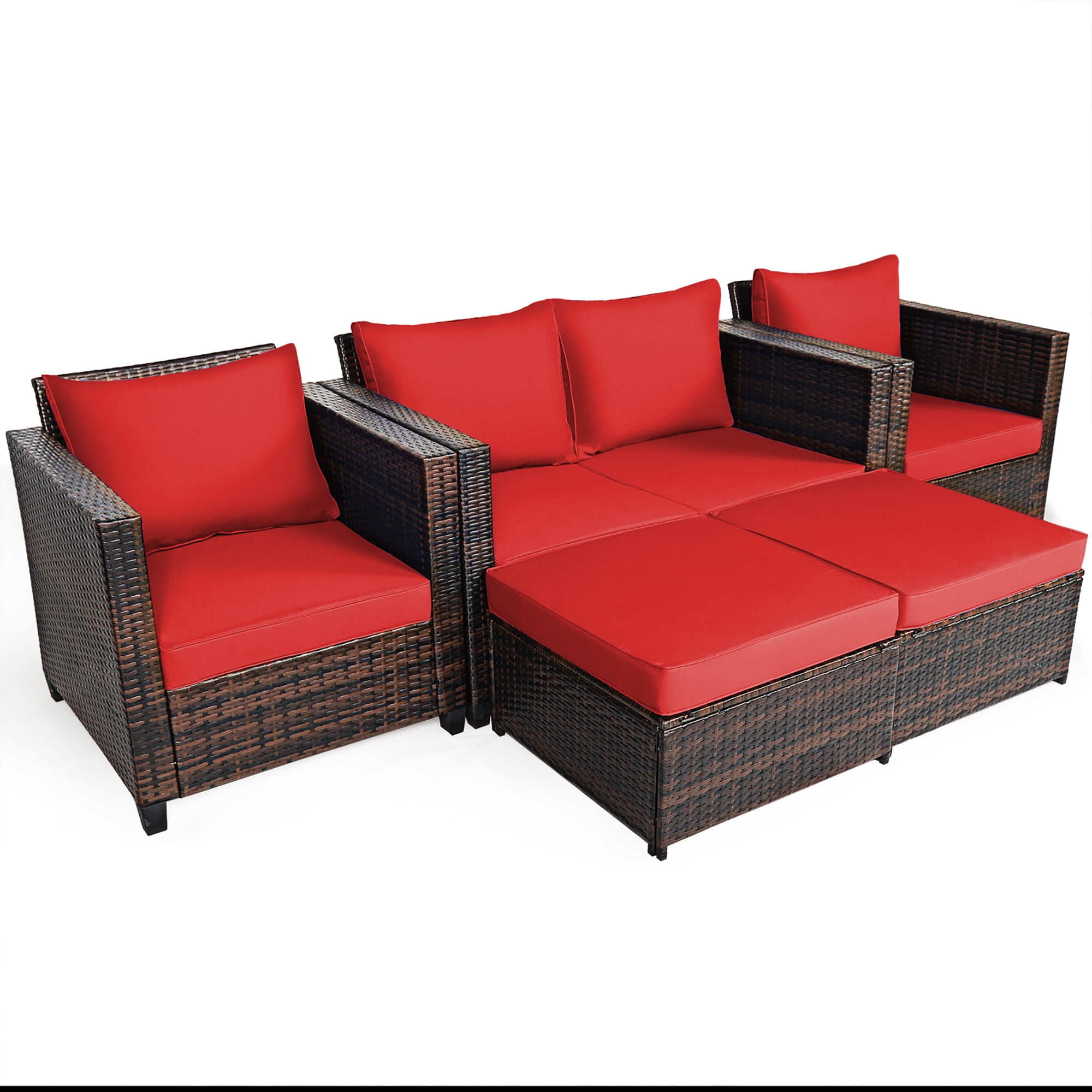 Costway 5PCS Patio Rattan Furniture Set Loveseat Sofa Ottoman Cushioned Red