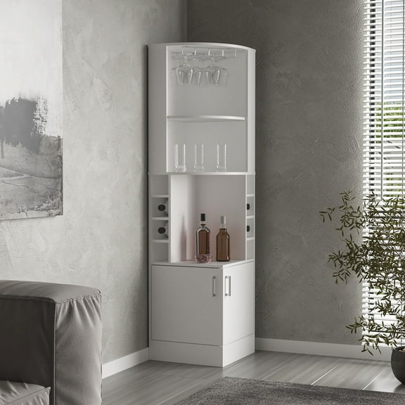 LiviNest Corner Bar Cabinet: Modern White Storage Unit with Glass & Wine Rack - Multi-Level Organization for Home Office & Small Space Living