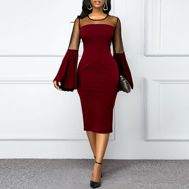 Eccomum Women Dress Sheer Mesh Patchwork Polka Dot Flare Sleeve High Waist Knee Length Slim Elegant Evening Party One Piece Walmart Com Walmart Com