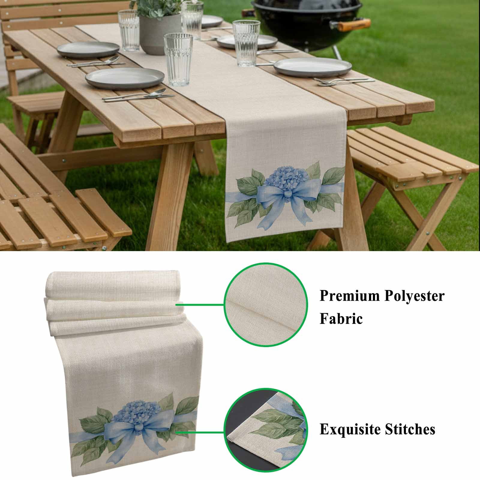 Blue Bow Hydrangea Cotton Linen Table Runner Spring Flower Green Leaf Watercolor Linen Texture Dining Table Runners for Home Decor Party Dining Room Restaurant Kitchen 13" x 108"