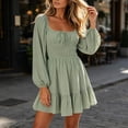 thumbnail image 4 of Karymi Easter Dresses for Women 2026 Square Neck Long Puff Sleeve Dress, Solid Color Tie Front Smocked Waist Ruffle Hem A-Line Mini Dress, Casual Flowy Swing Short Dress Summer Dress, 4 of 6
