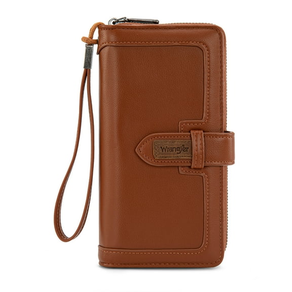 Wrangler Wristlet Wallet Women RFID Blocking Wallet, Card Cases & Money Organizers Large Capacity Bifold Clutch Wallets Ladies Female Card Cash Phone Wallets with ID Window, Brown