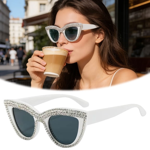 Handcrafted Rhinestone Cat Eye Sunglasses - White Frame with Grey Lenses, Fashion Bling Sun Glasses for Women, Outdoor & Casual Wear
