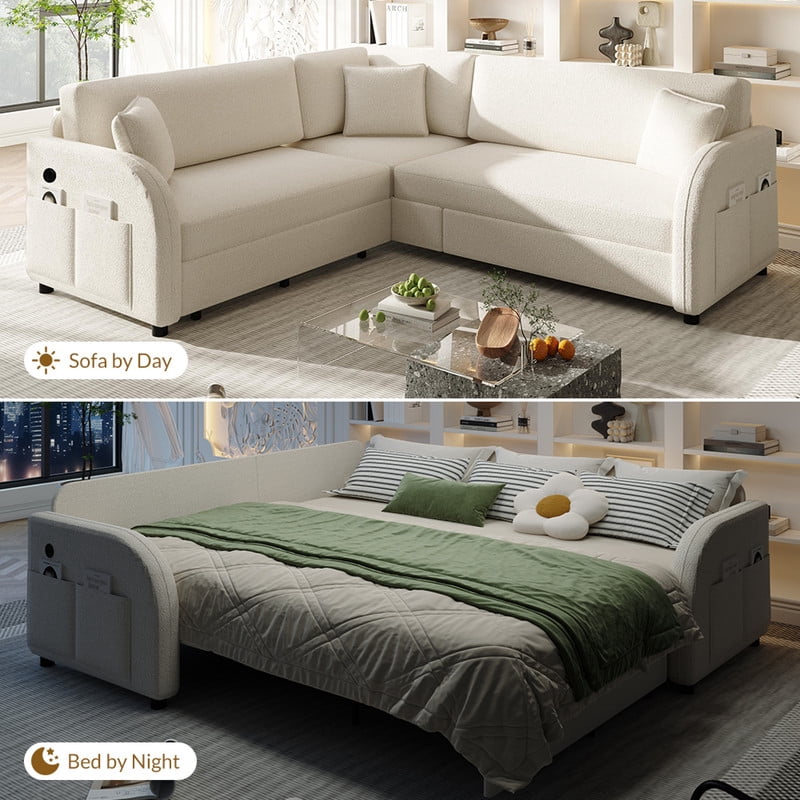 85.1" L-Shaped Sleeper Sofa with Pull Out Bed, Convertible Sectional Sofa Couch with USB Charging Port & Side Pocket, Sherpa Fleece Upholstered Sofa Bed, Oversized 5-Seat Sofa for Living Room