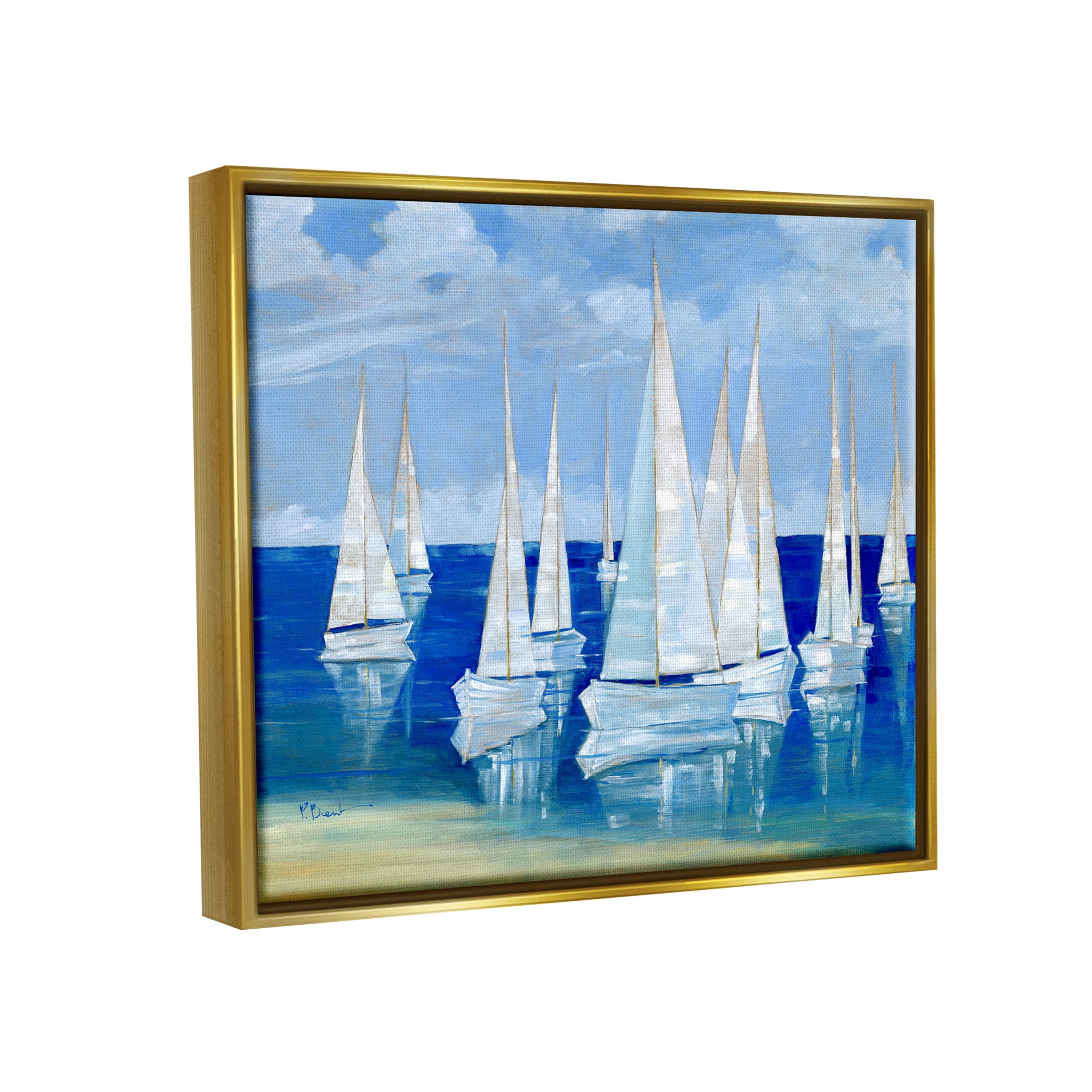 Stupell Industries Blanco Beach Sailboats Reflecting Coast Painting Metallic Gold Floating Framed Canvas Print Wall Art, Design by Paul Brent