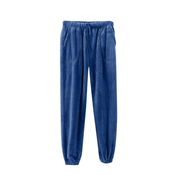 UYISJ Womens Plaid Fluffy Pajama Pants Fleece Cozy Lounge Pants with Pockets Winter Warm Pj Bottoms Tapered Leg Trousers Navy M